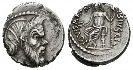 Vibia. Denario. 47-48 a.C. Roma. (Ffc-1219). (Craw-449/1a). (Cal-1371). Rev.: Júpiter sentado a izquierda, con pátera y cetro, detrás (C V)IBIVS CF CN...