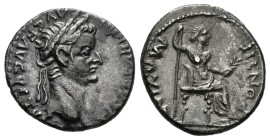 Tiberio. Denario. 16 d.C. Lugdunum. (Spink-1763). (Ric-26). Rev.: PONTIF MAXIM. Figura femenina sentada a derecha con cetro y rama. Ag. 3,61 g. Pátina...