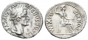 Tiberio. Denario. 16 d.C. Lugdunum. (Spink-1763). (Ric-26). (Saeby-16a). Rev.: PONTIF MAXIM. Figura femenina sentada a derecha con cetro y rama. Ag. 3...