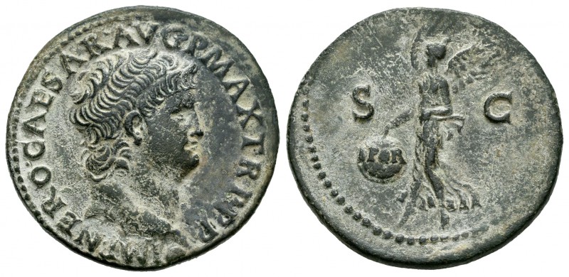 Nerón. As. 65 d.C. Roma. (Spink-1976 variante). (Ric-476). Rev.: SC. Victoria al...