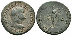 Vespasiano. Dupondio. 77-78 d.C. Lugdunum. (Spink-2348). (Ric-754b). Rev.: FORTVNAE REDVCIT SC. Fortuna a izquierda con rama de olivo sosteniendo timó...