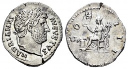 Adriano. Denario. 128 a.C. Roma. (Spink-3474). (Ric-170). Rev.: COS III. Annona sentada a izquierda con pátera y cuerno de la abundancia, a sus pies m...