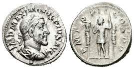 Maximino I. Denario. 236 d.C. Roma. (Spink-8312). (Ric-3). (Seaby-55). Rev.: P M TR P II COS P P. El emperador en pie a izquierda con cetro entre dos ...