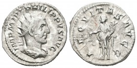 Filipo I. Antoniniano. 245-247 d.C. Antioquía. (Spink-8918). (Ric-27b). Rev.: AEQVITAS AVGG. Equidad en pie a izquierda con balanza y cuerno de la abu...