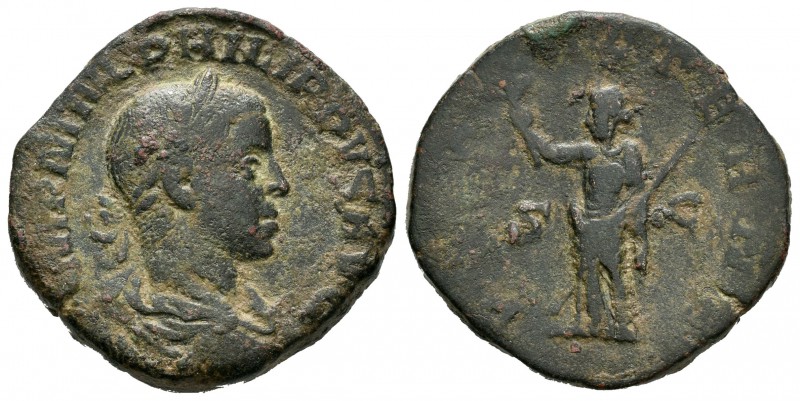 Filipo II. Sestercio. 247 d.C. Roma. (Spink-9281). (Ric-268c). Ae. 20,68 g. BC. ...