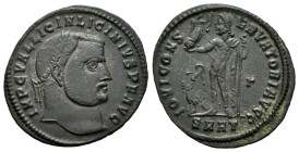 Licinio I. Follis. 313 d.C. Heraclea. (Spink-15240). (Ric-73). Rev.: IOVI CONSERVATORI AVGG. Júpiter en pie a izquierda con Victoria en globo, cetro y...