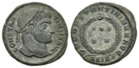 Constantino I. Centenional. 320-321 d.C. Siscia. (Spink-16219). (Ric-159). Rev.: D N CONSTANTINI MAX AVG, dentro de la corona VOT / XX, en exergo ASIS...