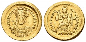 Teodosio II. Sólido. 430-440 d.C. Constantinopla. (Spink-21158). (Ric-257). Rev.: VOT XXX MVLT XXXX B, en exergo CONOB. Constantinopla sentada a izqui...