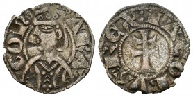 Corona de Aragón. Jaime I (1213-1276). Dinero. Aragón. (Cr-318). Anv.: ARA-GON. Busto coronado a izquierda. Rev.: :IACOBVS REX. Cruz patriarcal. Ve. 0...