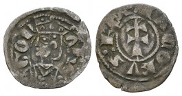 Corona de Aragón. Jaime I (1213-1276). Óbolo. Aragón. (Cr-319). Anv.: ARA-GON. Busto coronado a izquierda. Rev.: :IACOBVS REX. Cruz patriarcal. Ve. 0,...