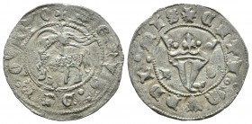 Reino de Castilla y León. Juan I (1379-1390). Blanca del Agnus Dei. Burgos. (Bautista-723). (Abm-549). Ve. 1,75 g. Con B y S a los lados de la Y coron...