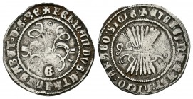 Fernando e Isabel (1474-1504). 1/2 real. Granada. (Cal-445 variante). (LF-E4.2.5). Ag. 1,67 g. Con G en anverso. MBC. Est...80,00.