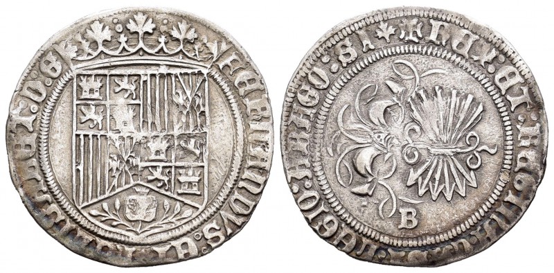 Fernando e Isabel (1474-1504). 1 real. Burgos. (Cal-288). Ag. 3,31 g. Con hoja d...