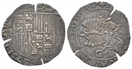 Fernando e Isabel (1474-1504). 1 real. Granada. R. (Cal-335). Ag. 3,28 g. Con R a izquierda del escudo y G en reverso. Grietas. MBC. Est...50,00.