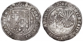 Fernando e Isabel (1474-1504). 1 real. Toledo. (Cal-411). Ag. 3,23 g. Escudo entre cruz de puntos y T. MBC. Est...65,00.