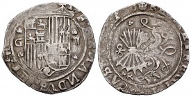 Fernando e Isabel (1474-1504). 2 reales. Granada. R. (Cal-254). Anv.: Escudo entre G y II, ambos con trebol arriba y abajo. Rev.: R y trébol. Ag. 6,86...