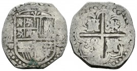Felipe II (1556-1598). 2 reales. (15)89. Sevilla. (Cal-540). Ag. 6,73 g. Ensayador d cuadrada en anverso. BC+. Est...75,00.