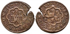 Felipe III (1598-1621). 4 maravedís. 1602. Segovia. (Cal-750). (Jarabo-Sanahuja-C28). Ae. 5,59 g. Resello de VIII maravedis. Grieta. BC+. Est...20,00....