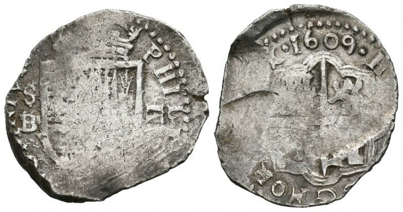 Felipe III (1598-1621). 2 reales. 1609. Sevilla. B. (Cal-383). Ag. 6,72 g. Fecha...