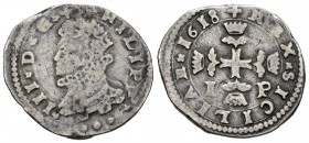 Felipe III (1598-1621). 3 tarís. 1618. Messina. IP. (Vti-120). Ag. 7,56 g. MBC-. Est...70,00.