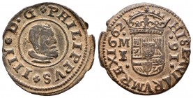 Felipe IV (1621-1665). 16 maravedís. 1662. Madrid. I/S. (Cal-no cita). (Jarabo-Sanahuja-M393). Ae. 3,76 g. Ensayador I rectificado sobre S. Muy rara. ...