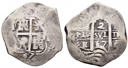 Carlos II (1665-1700). 2 reales. 1667. Potosí. E. (Cal-594). Ag. 7,47 g. Doble fecha. MBC-. Est...60,00.