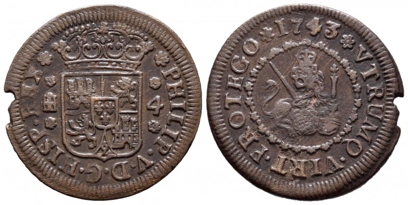Felipe V (1700-1746). 4 maravedís. 1743. Segovia. (Cal-1994). Ae. 5,89 g. Fallo ...