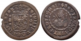 Felipe V (1700-1746). 4 maravedís. 1743. Segovia. (Cal-1994). Ae. 5,89 g. Fallo en el canto. MBC. Est...25,00.