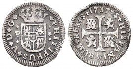 Felipe V (1700-1746). 1/2 real. 1737. Sevilla. P. (Cal-1935). Ag. 1,40 g. Estuvo en aro. Golpes. MBC-. Est...15,00.