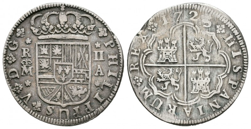 Felipe V (1700-1746). 2 reales. 1725. Madrid. A. (Cal-1252). Ae. 4,79 g. Defecto...
