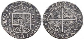 Luis I (1724). 2 reales. 1724. Segovia. F. (Cal-41). Ag. 4,11 g. Escasa. MBC. Est...110,00.