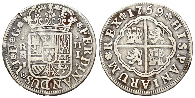 Fernando VI (1746-1759). 2 reales. 1759. Madrid. J. (Cal-1288). Ag. 5,59 g. Raya...