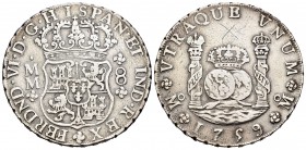 Fernando VI (1746-1759). 8 reales. 1759. México. MM. (Cal-344). Ag. 26,80 g. Estuvo en aro. MBC+. Est...125,00.