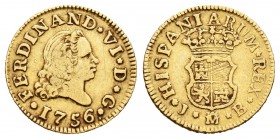 Fernando VI (1746-1759). 1/2 escudo. 1756. Madrid. JB. (Cal-253). Au. 1,71 g. Rayas de ajuste en reverso. MBC-. Est...110,00.