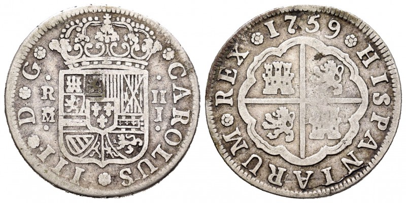 Carlos III (1759-1788). 2 reales. 1759. Madrid. J. (Cal-1288). 5,45 g. MBC-. Est...