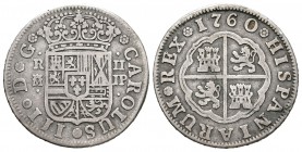 Carlos III (1759-1788). 2 reales. 1760. Madrid. JP. (Cal-1290). Ag. 5,09 g. MBC-. Est...45,00.