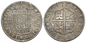 Carlos III (1759-1788). 2 reales. 1766. Madrid. PJ. (Cal-1296). Ag. 5,74 g. MBC-. Est...60,00.