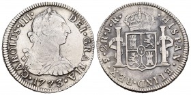Carlos III (1759-1788). 2 reales. 1773. Potosí. JR. (Cal-1381). Ag. 6,65 g. Primer año de busto. MBC/MBC+. Est...75,00.