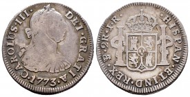 Carlos III (1759-1788). 2 reales. 1773. Potosí. JR. (Cal-1381). Ag. 6,36 g. Primer año de busto. Escasa. BC+. Est...60,00.