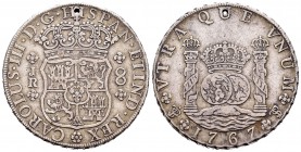 Carlos III (1759-1788). 8 reales. 1767. Potosí. JR. (Cal-966). Ag. 26,73 g. Roseta de 6 pétalos. Agujero a las 12h. MBC+. Est...150,00.
