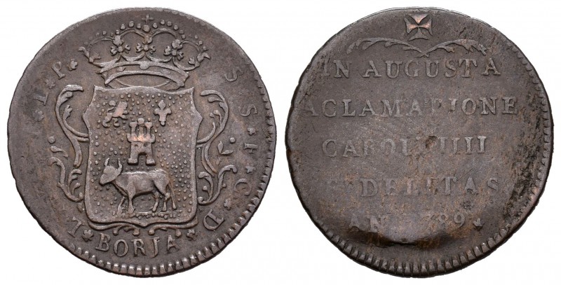 Carlos IV (1788-1808). Medalla. 1789. Borja (Zaragoza). (Herrera-15 variante). A...