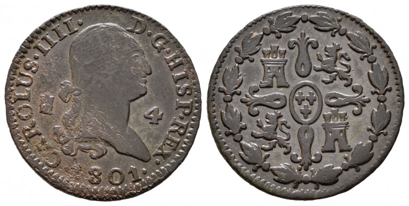 Carlos IV (1788-1808). 4 maravedís. 1801. Segovia. (Cal-1513). Ae. 5,21 g. MBC-....