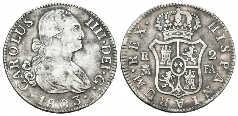 Carlos IV (1788-1808). 2 reales. 1803. Madrid. FA. (Cal-974). Ag. 5,84 g. BC+. E...
