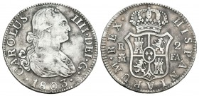 Carlos IV (1788-1808). 2 reales. 1803. Madrid. FA. (Cal-974). Ag. 5,84 g. BC+. Est...40,00.