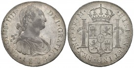 Carlos IV (1788-1808). 8 reales. 1802. Guatemala. M. (Cal-633). Ag. 26,93 g. Leves rayitas. Tono. MBC+. Est...350,00.