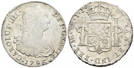 Carlos IV (1788-1808). 8 reales. 1796. Lima. IJ. (Cal-651). Ag. 26,89 g. Rayas de acuñación. MBC+. Est...100,00.