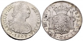 Carlos IV (1788-1808). 8 reales. 1802. Lima. IK. (Cal-657). Ag. 27,12 g. MBC+. Est...65,00.