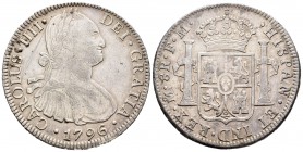 Carlos IV (1788-1808). 8 reales. 1796. México. FM. (Cal-690). Ag. 26,81 g. Rayitas detrás del busto. MBC+. Est...70,00.