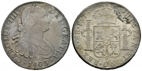 Carlos IV (1788-1808). 8 reales. 1803. México. FT. (Cal-699). Ag. 26,93 g. MBC+. Est...50,00.