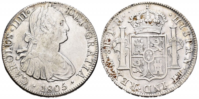 Carlos IV (1788-1808). 8 reales. 1805. México. TH. (Cal-703). Ag. 26,93 g. MBC+....